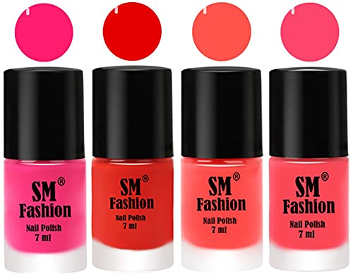 Image of Nail Polish Combo Set (Pack of 4) Quick Dry Gel Finish Nail Paint | Deep Pink,Fire Orange,Baby Pink,Pink | 7 ml Each