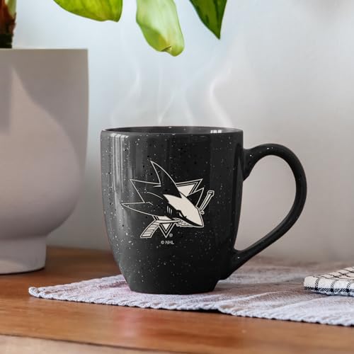 Image of Rico Industries NHL Hockey San Jose Sharks Black Personalized 16 oz Team Color Laser Engraved Speckled Ceramic Coffee Mug