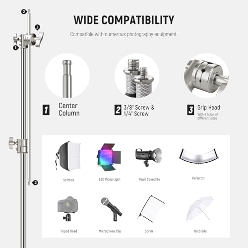 Image of NEEWER 10.5ft Stainless Steel Heavy Duty C Stand with Boom Arm, Quick Setup Base, Thicker Center Rod Max Load 44lb /20kg, Photography Light Stand with 4.2ft Holding Arm for Monolight Softbox, SC320Q