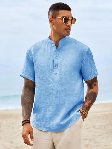 Image of Runcati Mens Casual Henley Shirt Short Sleeve Band Collar Textured Shirts Summer Beach Hippie T-Shirts