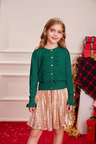 Image of Dark Green Cardigan for Girls 8-10 Years Button Uniform Sweater for Christmas