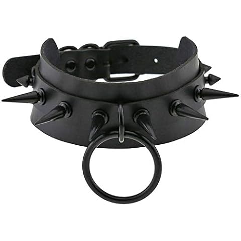 Daimay PU Leather Goth Choker Collar Circle Choker Necklace with Black Studded Punk Rock Rivet Collar Adjustable Size - Double Layer with Rivet - Black Cover