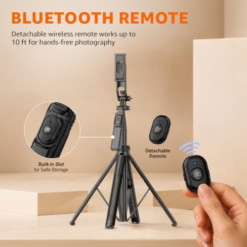 Image of Amazon Basics 71 inch Extendable Selfie Stick Tripod with Quad Stand, 360 Rotatable Handle, Detachable Bluetooth Remote, Phone Tripod for Vlogging, YouTube & Travel, Compatible with All Smartphones