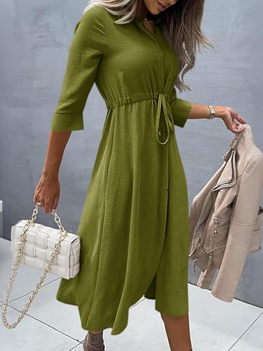 Image of Febriajuce Women's 3 /4 Sleeve Midi Dress Casual Drawstring Belted Round Neck Plain Tie Waist Loose High Waist Long Dress