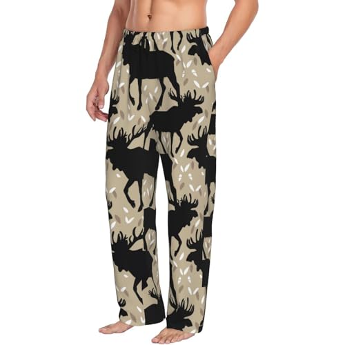 Novastar Mens Pajama Pants Bottoms with Pockets- Moose antlers elk vintage Soft Men Pj Pants, Comfy Men Lounge Pants