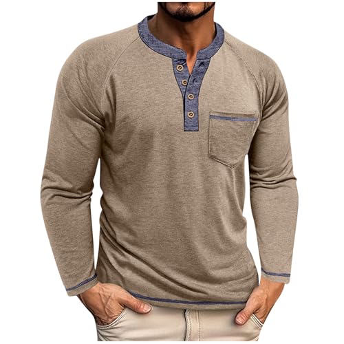Henley Shirts for Men Long Sleeve with Pocket Casual Stylish Button Collared T-Shirt Colorblock Undershirt 2025 Fashion Western Pullover Vintage Classic Shirt Loungewear 01,Khaki,XX-Large