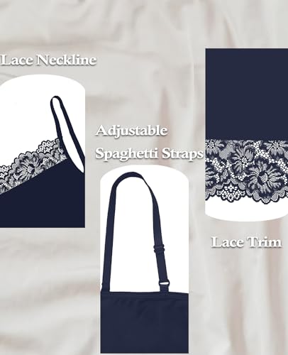 Image of Slip for Women Under Dress Satin Silky Sleepwear Lace Trim V Neck Adjustable Spaghetti Straps Nightgown Cooling Feel