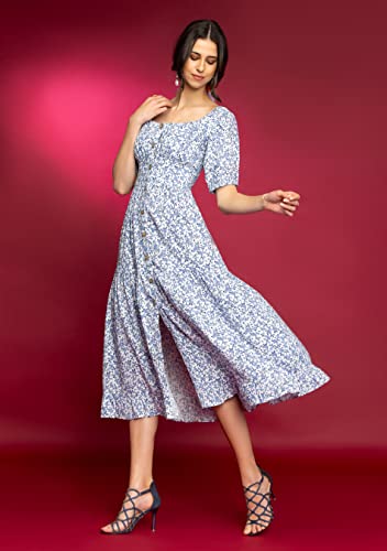 Rhysley Women's 2023 Paisley Print Rayon Tiered Square Neck Half Sleeves Casual Wear Midi Dress For Women White #TOP3