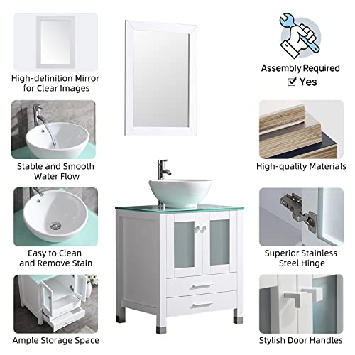 Bathjoy 24" Bathroom Vanity Wood Cabinet Ceramic Vessel Sink Combo Countertop Sink Set Faucet Drain W/Mirror #TOP2