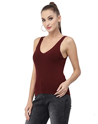 Image of Kalt Women Knitted, Ribbed Cotton Fitted Sleeveless V-Neck Cami Tank Top for Women Stylish