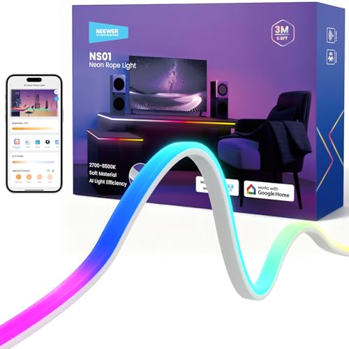 Image of NEEWER 9.84ft /3m LED Strip Lights Front Lit, Smart AI RGB IC Cuttable Neon Rope Light, App Control Color Changing, Bedroom Gaming Room Home Indoor Wall Decor, Compatible with Google and Alexa, NS01