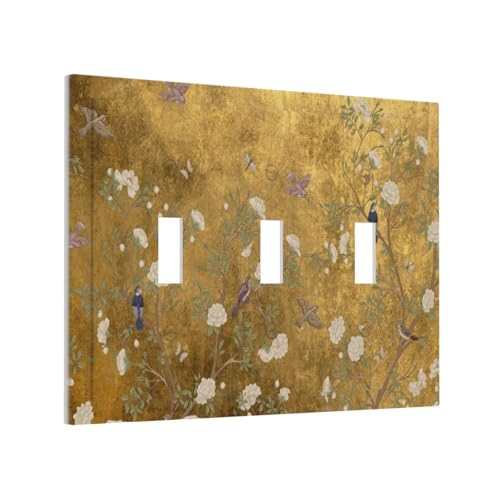 Decorative Switch Plate Covers Vintage White Flowers Birds on Golden Background 3 Gang Light Switch Cover Plate Triple Toggle Wall Plate Light Switch Covers for Bedroom Home Decor