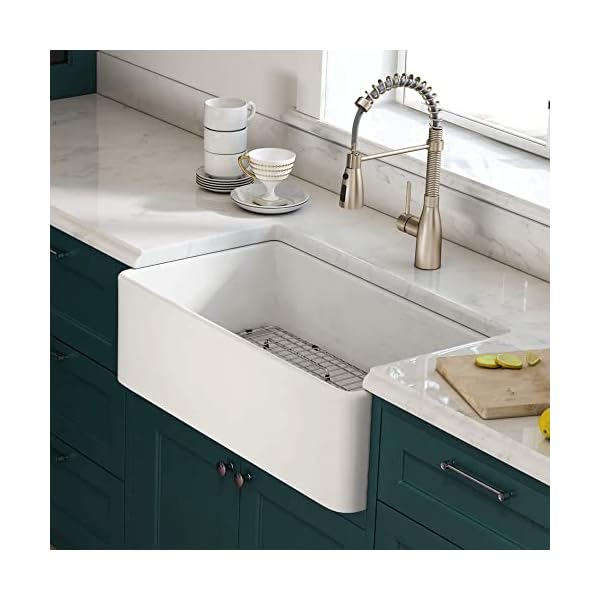 GETPRO Farmhouse Sink 33 Inch Fireclay White Kitchen Sink Apron Front Large Deep Single Bowl Farm house Sink with Accessaries Stainless Steel Bottom Grid and Kitchen Sink Drain