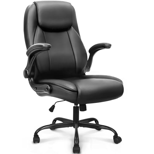 NEO Chair Ergonomic Office Desk Gaming Computer Chair Executive High Back Support Flip-up Arms Adjustable Height Swivel Rolling Wheels Comfy PU Leather for Home (Black)