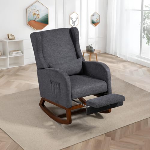 Image of Modern Rocking Chair Nursery Glider, Comfy Rocker Nursery Chair with Foot Rest, Accent Reading Armchair with Pillow and Pocket, Upholstered Lounge Rocker with Solid Wood Base for Relaxing (Charcoal)