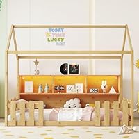Luxepurilyn Twin Size House Bed with LED Light, Wood Montessori Floor Bed with Fence, Wooden Frame with Storage Bookshelf, Toddler Floor HouseBed with Guardrails for Kids, Natural