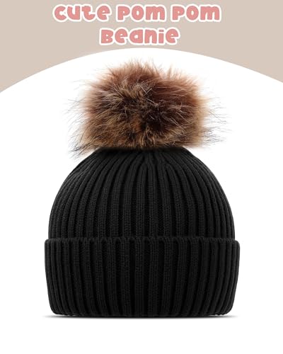 LiuSuper Kids Winter Hat, Girls Beanies 7-14, Satin Lined Beanie for Girls, Pom Pom Silk Lined Cuffed Beanie3