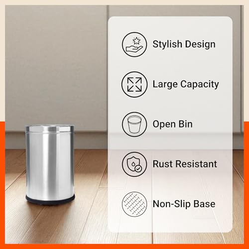 Image of Bathla Stainless Steel Open Dustbin for Home, Office & Kitchen - 8 Litres | Open Top Garbage Bin for Dry Waste, Paper & Recycling | Durable, Rust-Resistant & Space-Saving Trash Can
