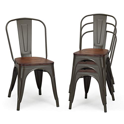 LIFEZEAL Chaise Salle à Manger en Métal et en Bois, Durables et Solides, Lot de 4 Chaises Industrielles avec Dossier Ergonomique, Tabouret de Bar avec Capacité de Charge de 120KG, Noir et Marron