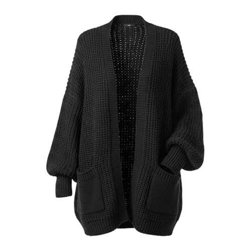 RAYMSTER Balloon Sleeve Short Women's Cardigan - Open Front Breathable Fabric with Two Pockets & Puff Sleeves - Oversized Chunky Knitted Women’s Cardigans in Loose Fit - Multiple Colors & Sizes Black