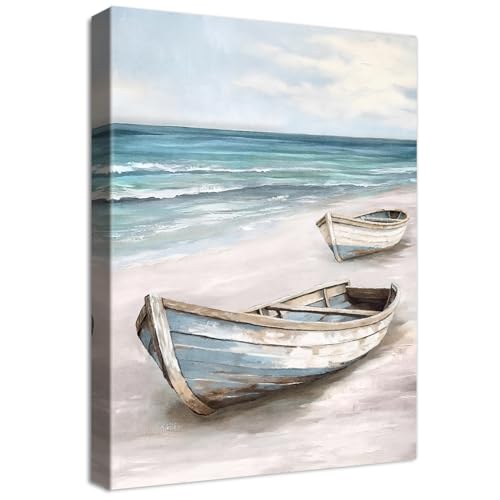Barca Blu Bianco Mare Quadri Moderni Quadro Moderno Stampa su Tela Con Cornice Spiaggia sabbiosa Immagini Costiera Pittura Quadri su tela Decorazioni da Parete Soggiorno Camera da letto 40x60cm