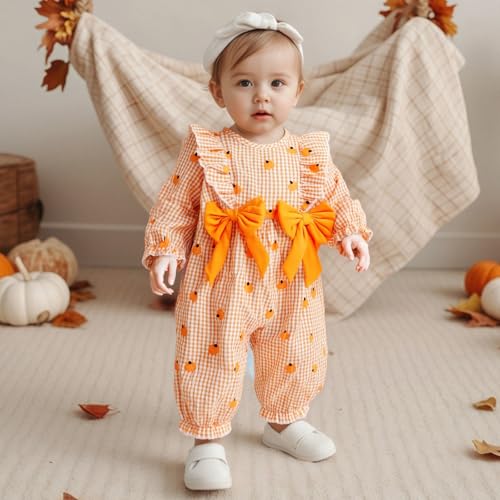 Newborn Baby Girl Halloween Outfit Doll Collar Pumpkin Jumpsuit Romper Ruffle Sleeve Bodysuit Long Overalls with Bow2