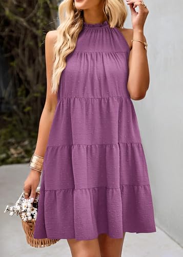 Image of KIRUNDO Summer Sundresses for Women Halter Dress Babydoll | Spring Sleeveless Halter Top, Flowy Tiered Pleated, Western Cute Country Concert, Beach Wedding Guest Vacation Cruise Dress