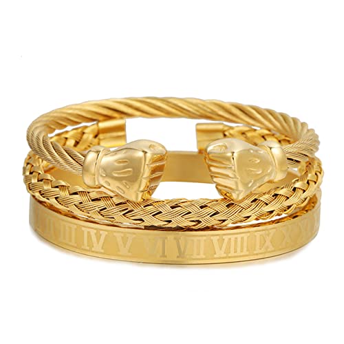 Men's Bracelet Women's Bracelet Stainless Steel Bracelet Retro Fist Roman Numeral Braided Bracelet Three-Piece Gold