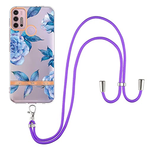 Capa para Motorola Moto G10/G20/G30/G10 Power, Estojo Mulher Garota Flores Estojo de Cordão Alça de