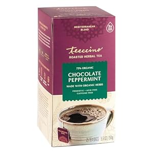 Teeccino Chocolate Peppermint Herbal Tea – Enjoy Hot or Iced Tea with Cooling Peppermint, Cocoa & Chicory, Prebiotic, Caffeine Free, Acid Free, 25 Tea Bags