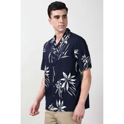 Image of Peter England Men's Cotton Blend Classic Fit Floral Print Casual Shirt | Cuban Collar, Half Sleeves | Casual Wear