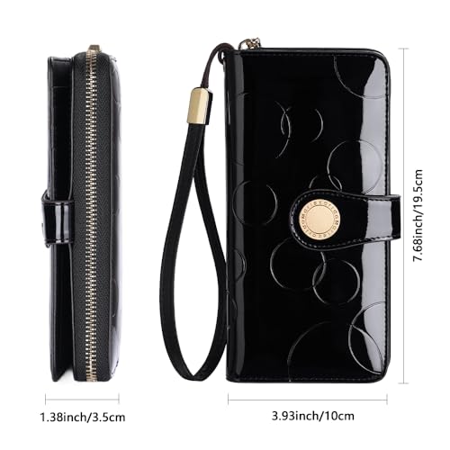 Ladies' fashionable leather wallet, large capacity with multiple card slots, zipper and snap closure, RFID shielded credit card holder for protection, long wallet with wrist strap (Black)3