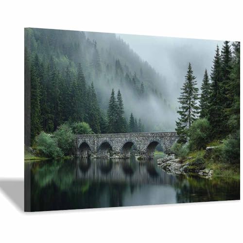 Toile pont décoration murale moderne salon forêt brumeuse verte 40x60cm