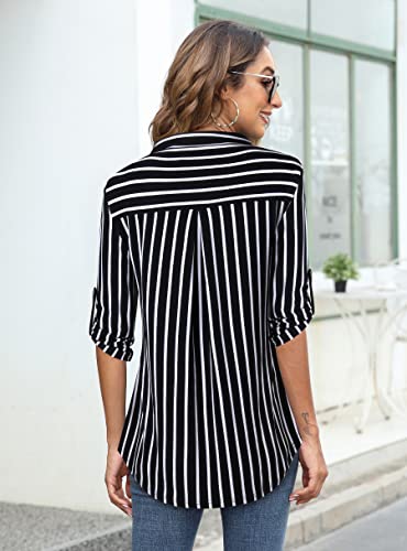 Bulotus Business Casual Outfits For Women Collared V Neck 3/4 Sleeve Front Zip Shirts Loose Fit Tunic Blouses Dressy Work Shirts For Women Business Professional, Black Stripe, Medium #TOP2