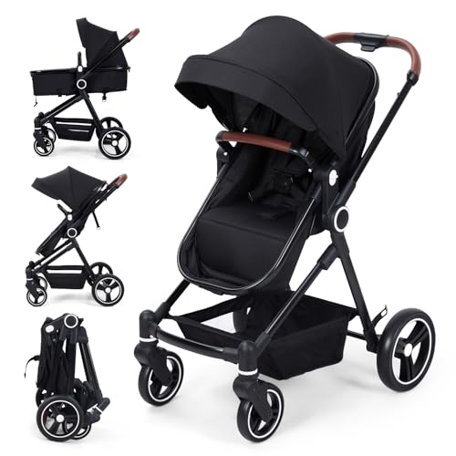 Cochecito Bebé 2 en 1, Silla de Paseo Ultracompacta, Cochecito Ligero, Reversible, Sistema de Viaje, Plegable con Un Solo Clic, para Recién Nacido hasta 3 Años (Negro)