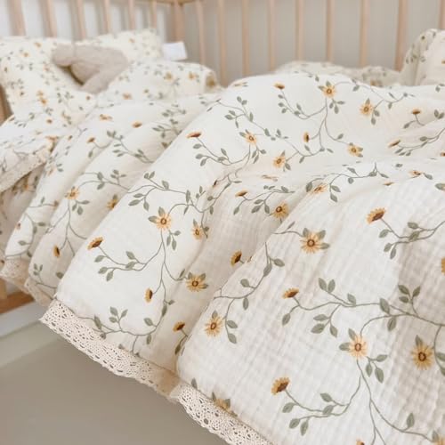 Image of BuLuTu Muslin Toddler Quilt Cute Baby Comforter for Crib, Soft Lightweight Muslin Blankets for Girls Boys, Wildflower Pattern, 47 inchx59 inch