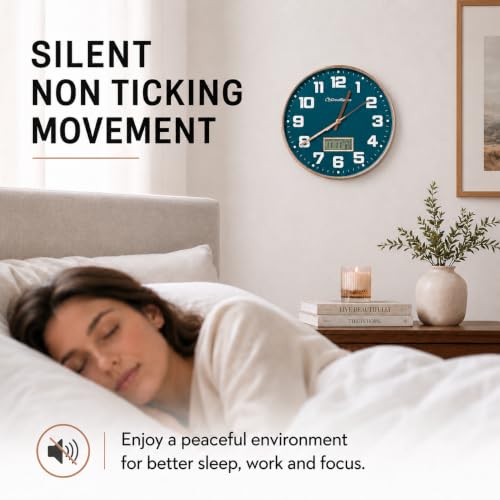 Image of Cloud Space 12 inch Silent Wall Clock Battery Operated, Non Ticking Modern Wall Clock with LCD Calendar & Fahrenheit Temperature Display, Easy-to-Read Kitchen Bedroom Office Living Room Wall Clock