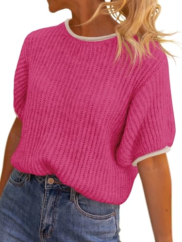 Image of Saodimallsu Womens Puff Short Sleeve Sweater Tops Spring Summer Color Block Ribbed Knit Crew Neck Going Out Shirts