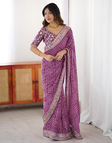 Image of SIRIL Women's Georgette Bandhani Printed Saree with Unstitched Blouse Piece