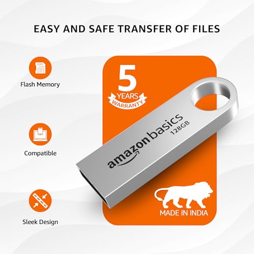 Image of Amazon Basics 128 GB Flash Drive | USB 2.0 M Series | Temperature, Shock and Vibration Resistant | Metallic Silver