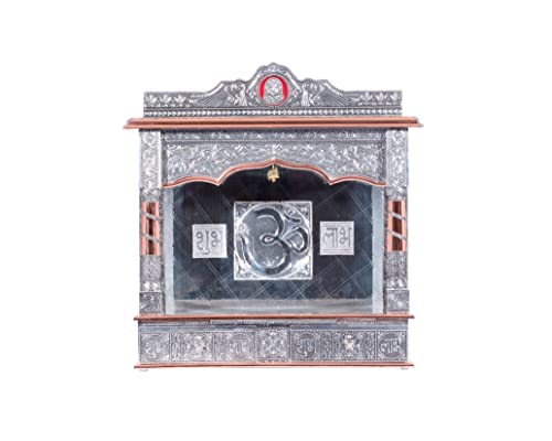 Pooja Bazar Mandir plateado para el hogar - cobre oxidado - sin puerta, grande (ancho 10 x largo 24 x alto 27)