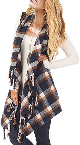 Ferbia Womens Cardigans Vest Kimonos Hooded Plaid Sleeveless Fringe Drape Shawl Coat Jacket