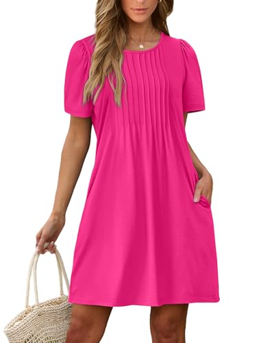 Image of Sampeel Womens Pleated Front Summer Dresses Casual Short Sleeve T Shirts Dress with Pockets Vacation Beach Cover UP