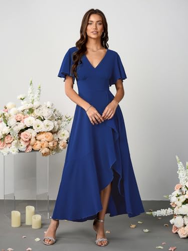 Image of SCOMCHIC Women Wedding Guest Dresses Formal Evening Party Cocktail Short Sleeve V Neck Ruffle Split Flowy Maxi Dress