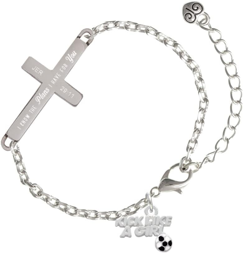 Delight Jewelry Silvertone Kick Like a Girl with Enamel Soccer Ball I Have Plans for You Engraved Cross Charm Bracelet, 6.5+1.5" Extender