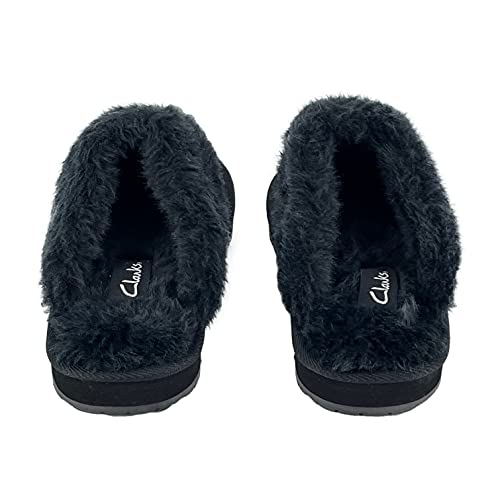 Image of Clarks Womens Open Back Suede Leather Comfort Clog Slipper JMS0583C - Plush Faux Fur Trim - Indoor Outdoor House Slippers For Women
