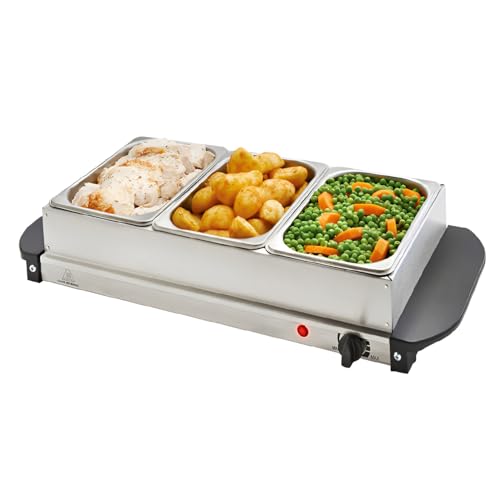 Vintage Gourmet® 3 Tray Food Warmer, All in One Buffet Server with Warming Plate Function,Turkey & Vegetables, Keeps Food Warm 200W, Temperature Control, Cool-Touch Handles Easy Portability 3 x 1.5L