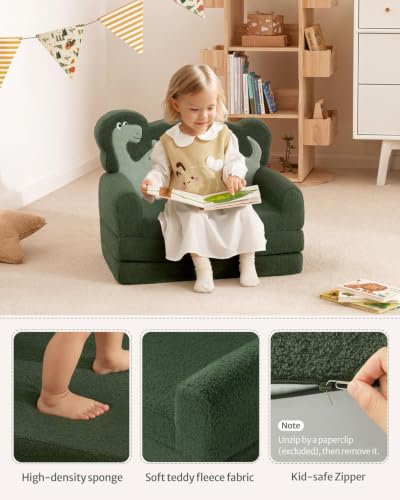 Image of Blissful Diary Foldable Kids Couch, 2-in-1 Kids Sofa Chair, Green Dinosaur