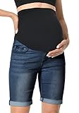 V VOCNI Maternity Denim Shorts Over The Belly Rolled Cuff Midrise Bermuda Short Pregnancy Jean Shorts
