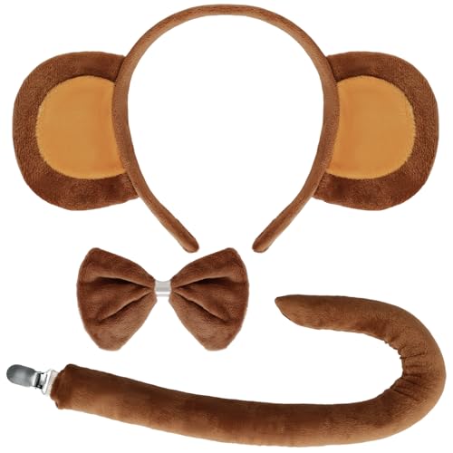 Gvhntk Monkey Ears and Tail Bow Tie for Adult Monkey Costume Headband Accessory Kit Women Halloween Cosplay Party Supplies Brown